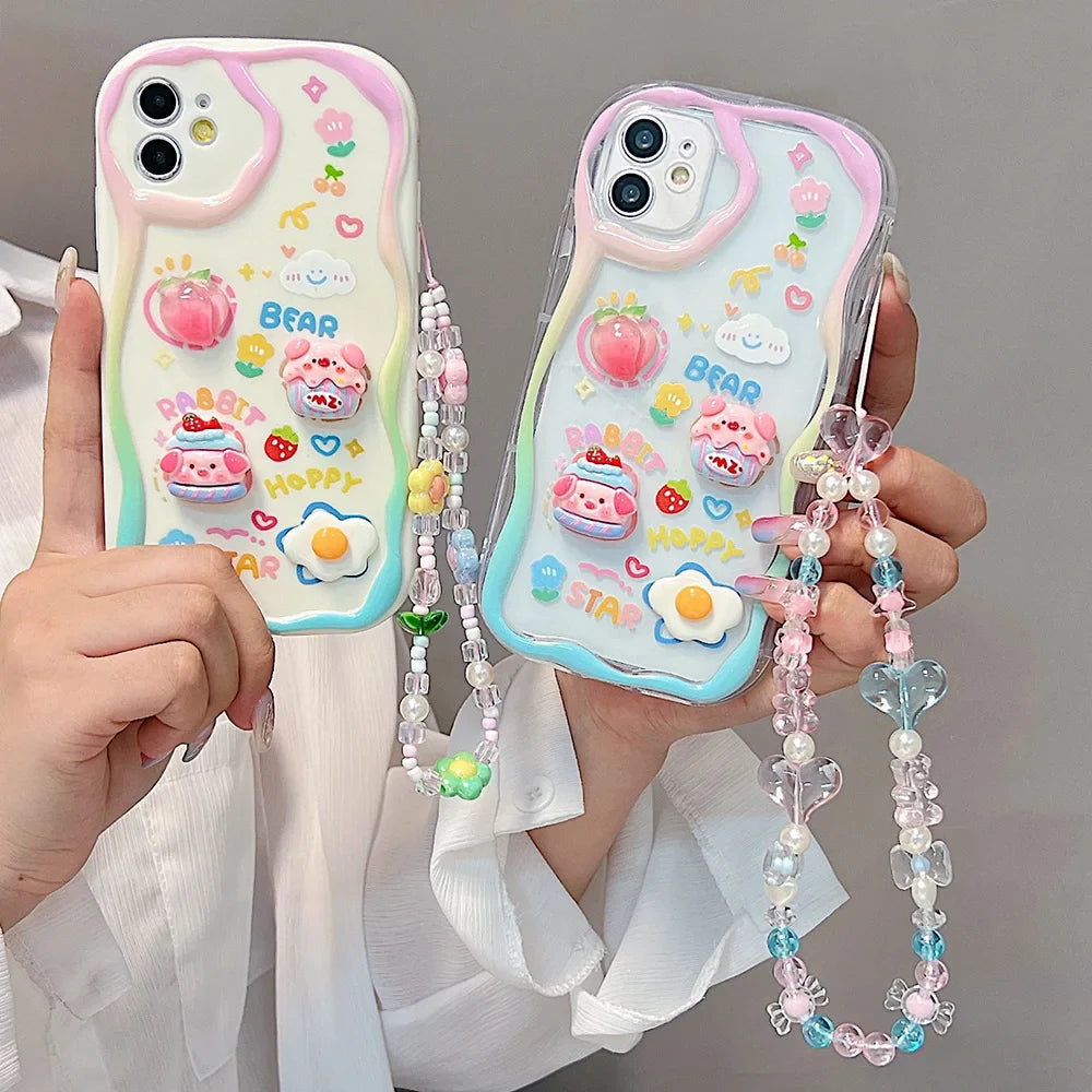 Cute 3D Pig Bracelet Wrist Chain Lanyard Clear Soft Phone Case For iPhone